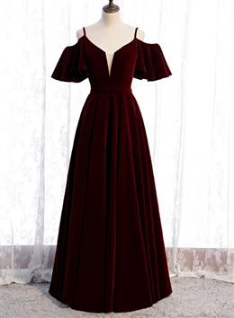 Picture of Pretty Wine Red Color Velvet Off Shoulder Floor Length Party Dresses, Velvet Junior Formal Dresses